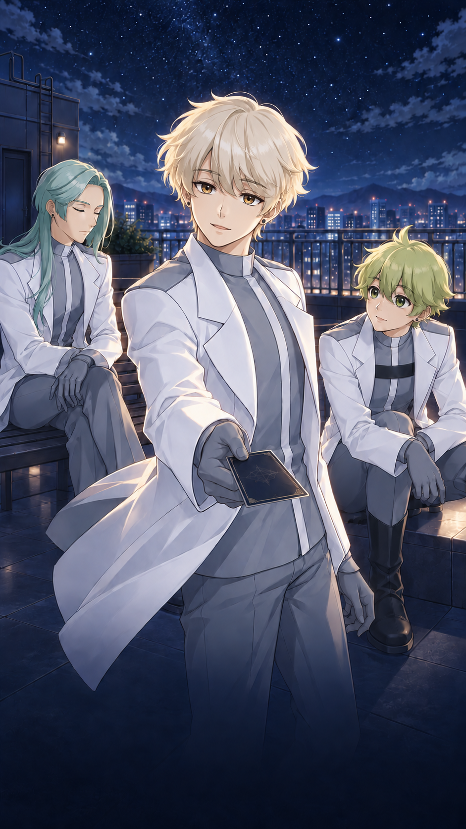 星空の下に立つエッグ・サインの登場人物たち